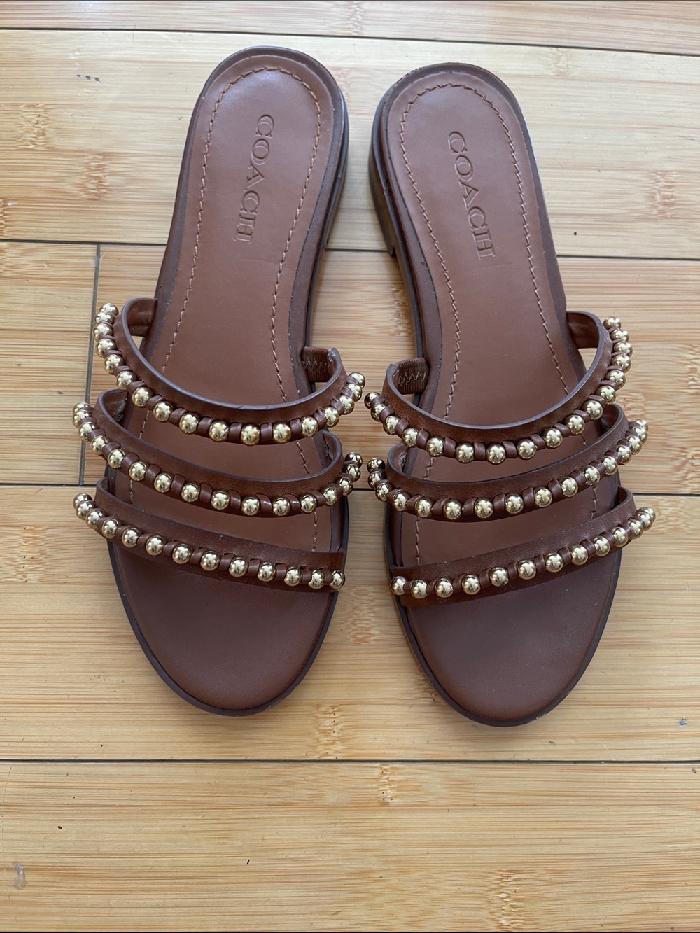 Women Coach Brown Leather Slide Sandals with Gold Bead Straps Size 6.5